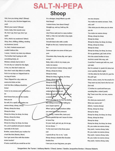 Salt Signed Salt - N - Pepa Snoop Lyric Sheet COA Exact Proof Autographed