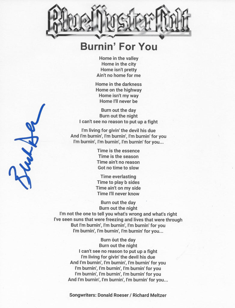 Buck Dharma Signed Blue Oyster Cult Burnin For You Lyrics sheet Proof autographed STAR