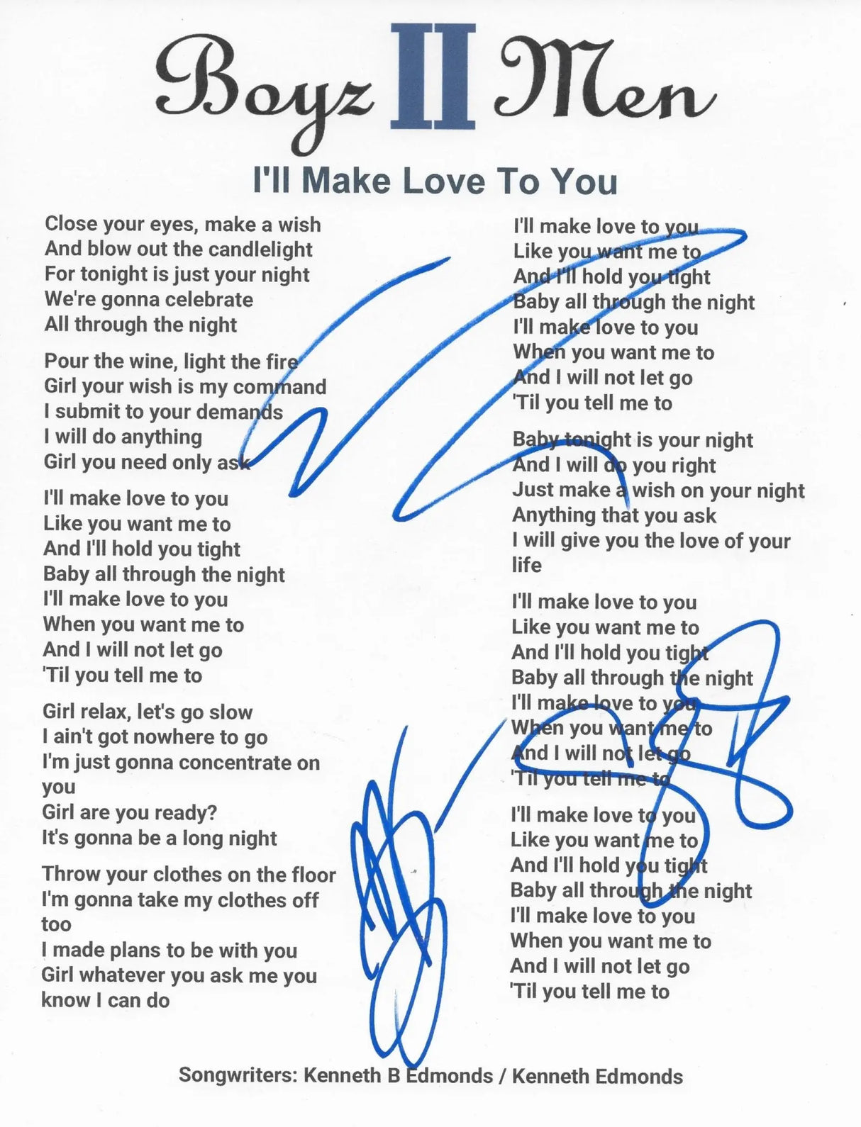 Boyz II Men Signed Ill Make Love To You Lyrics Sheet COA Exact Proof Autographed STAR