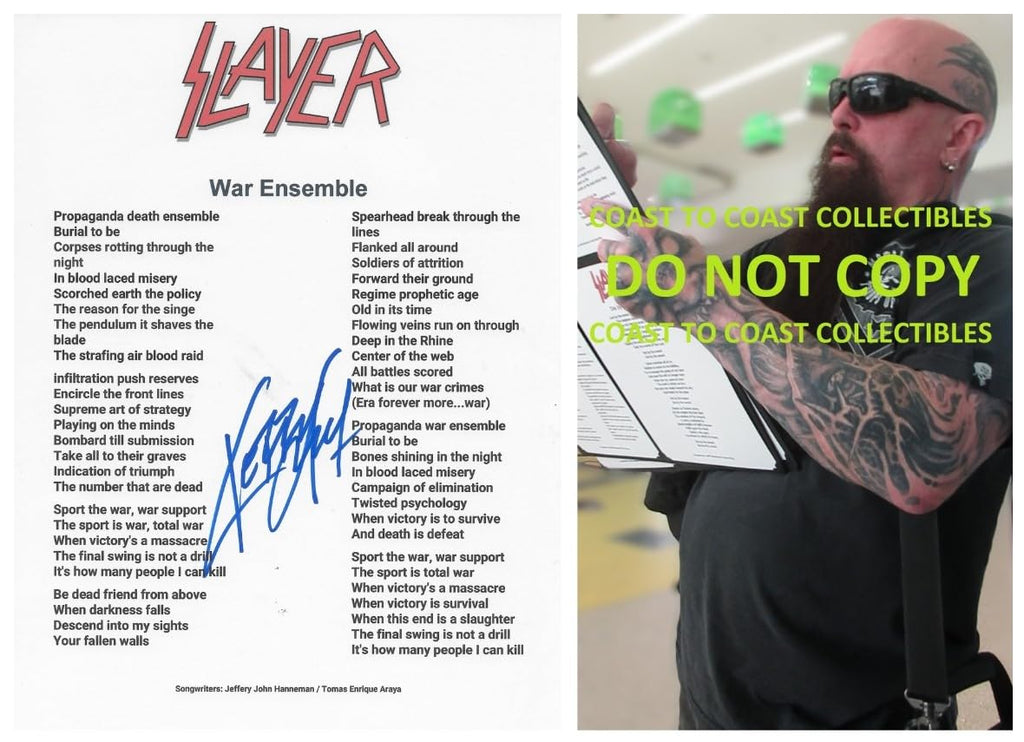 Kerry King Signed Slayer War Ensemble Lyrics Sheet COA Exact Proof Autographed