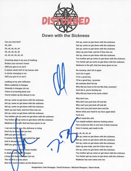 Disturbed Band Signed Down with the Sickness Lyrics Sheet COA Proof Autographed