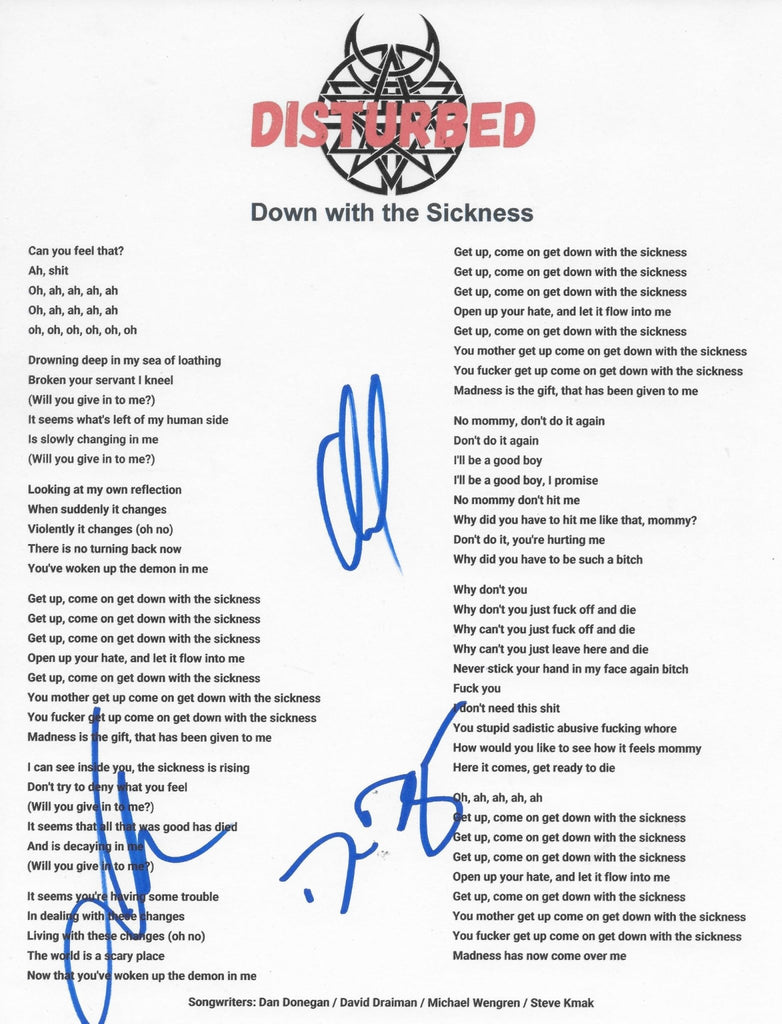 Disturbed Band Signed Down with the Sickness Lyrics Sheet COA Proof Autographed