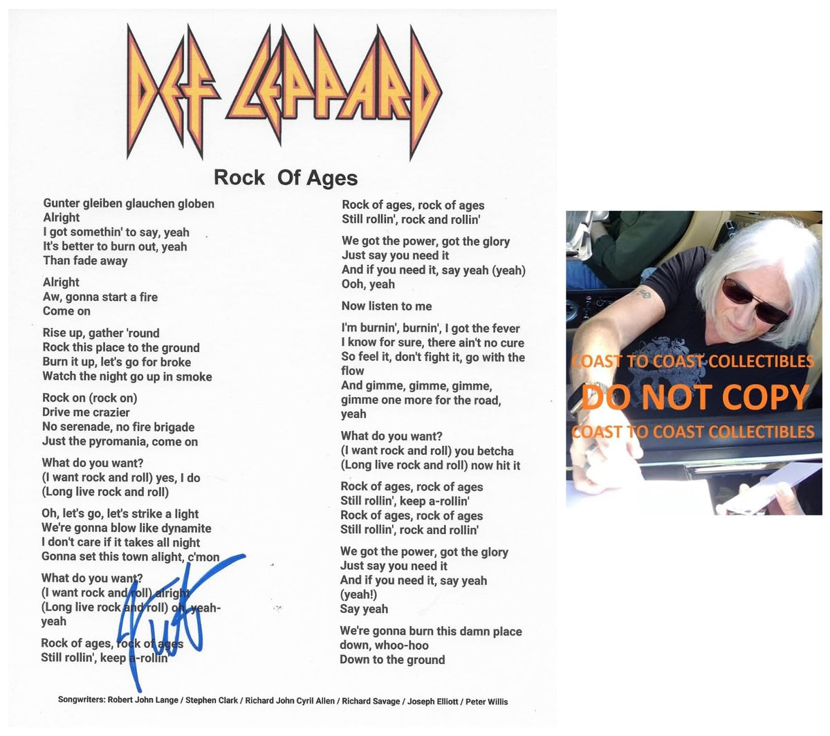 Joe Elliott Signed Def Leppard Rock of Ages Lyrics Sheet COA Proof Autographed