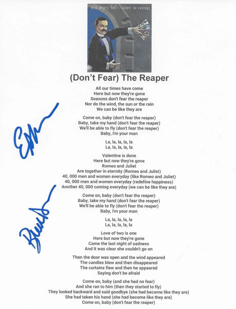 Dharma,Bloom signed Blue Oyster Cult Dont Fear The Reaper Lyrics sheet COA Proof STAR