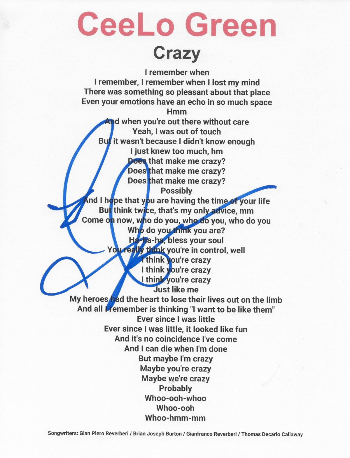 Ceelo Green Signed Crazy Lyrics Sheet COA Exact Proof Autographed