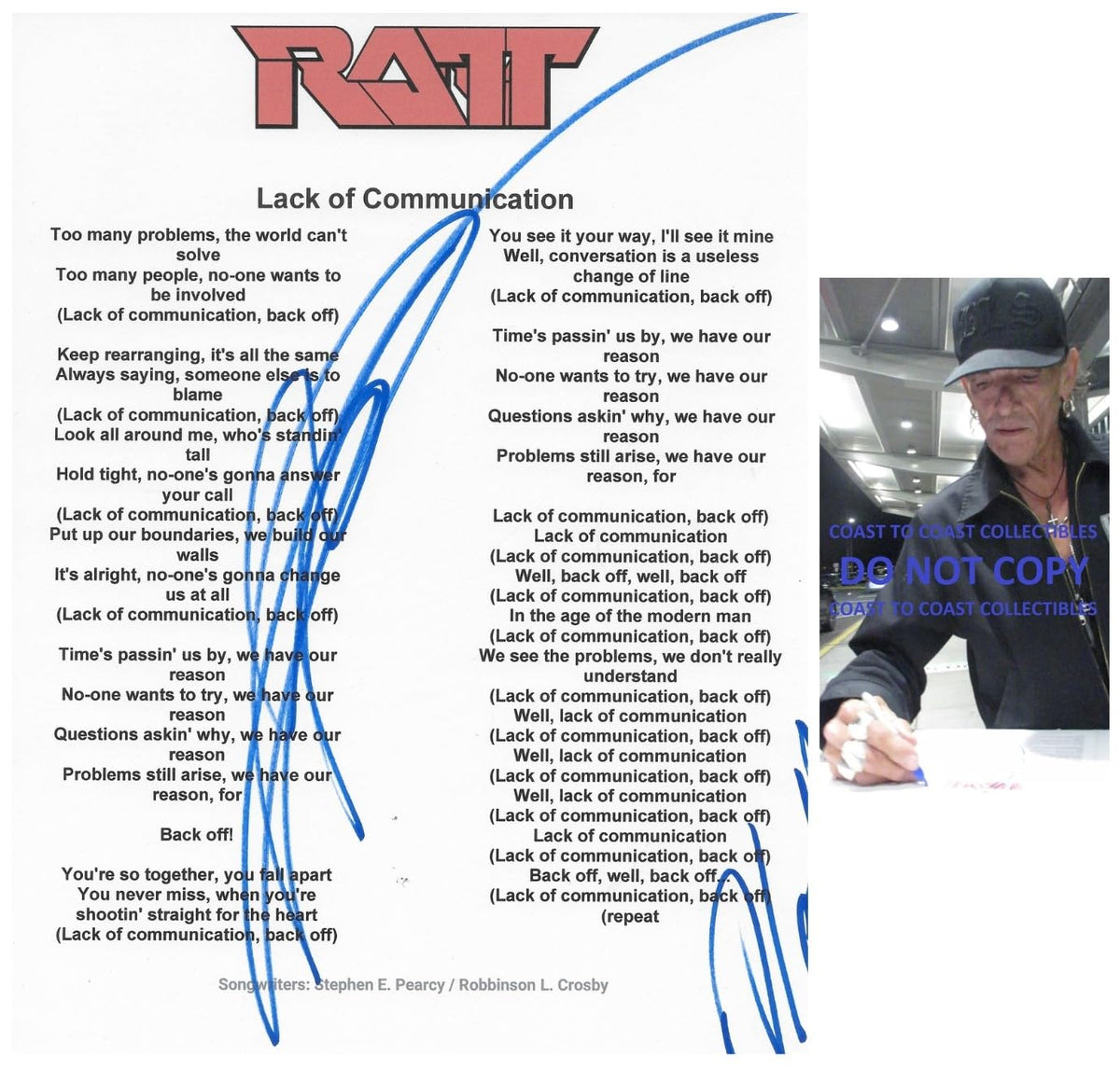 Stephen Pearcy Signed Ratt Lack of Communication Lyrics Sheet Proof Autographed