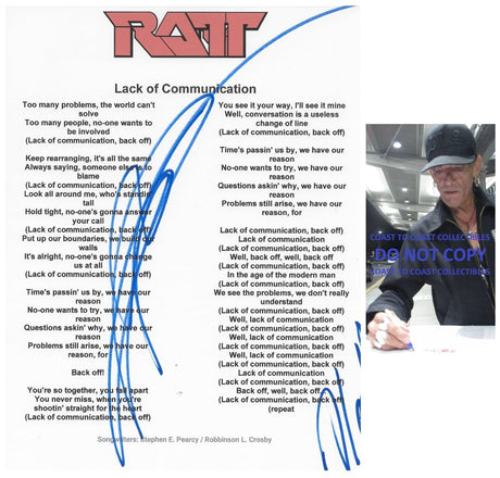 Stephen Pearcy Signed Ratt Lack of Communication Lyrics Sheet Proof Autographed