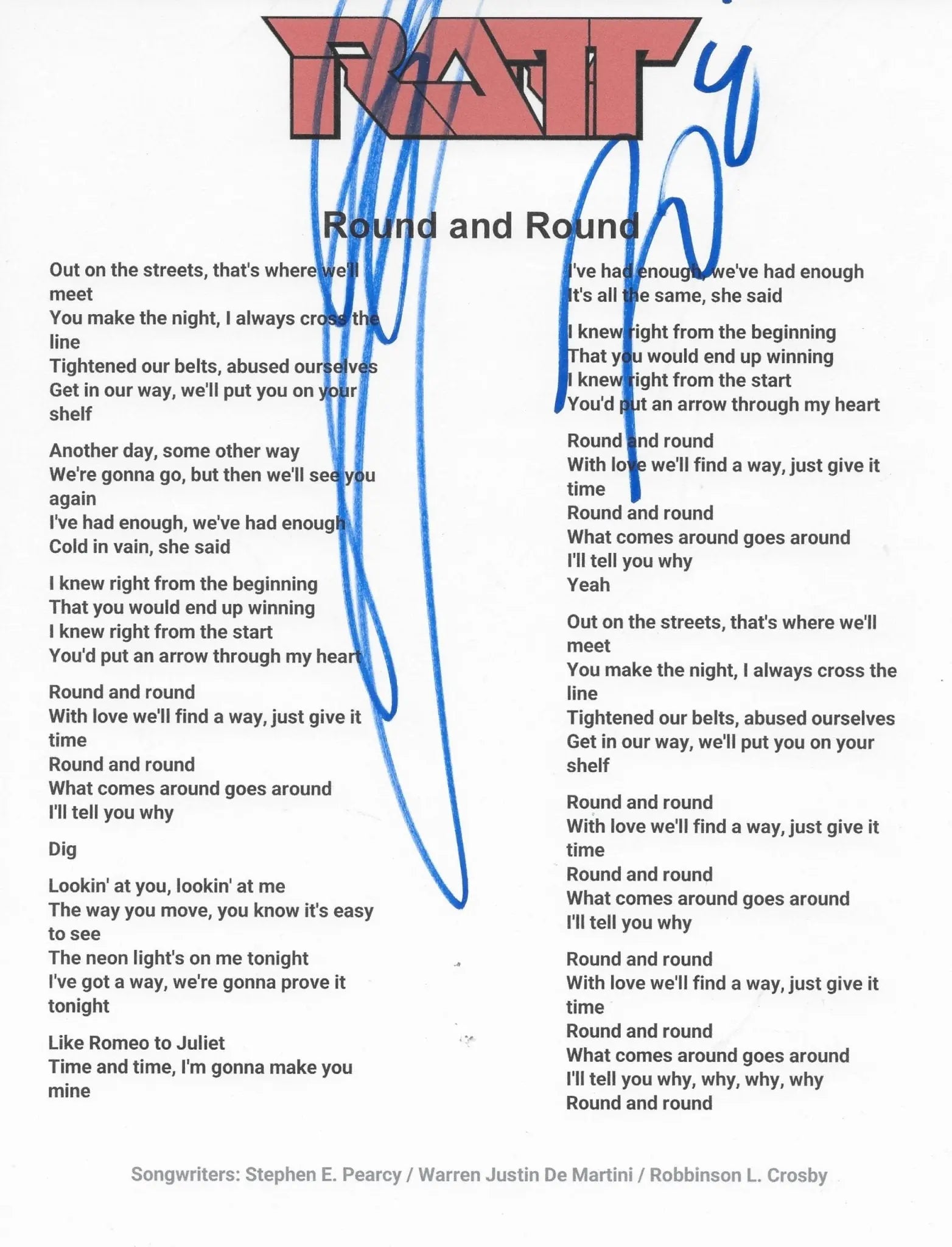 Stephen Pearcy Signed Ratt Round and Round Lyrics Sheet Proof COA Autographed