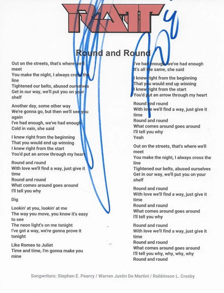 Stephen Pearcy Signed Ratt Round and Round Lyrics Sheet Proof COA Autographed