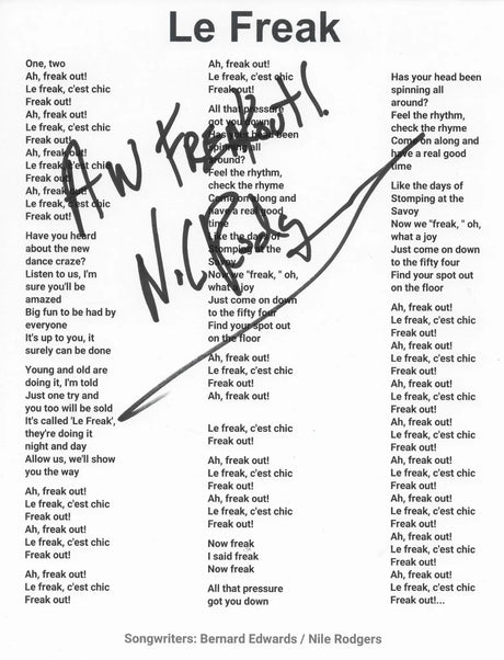 Nile Rodgers Signed Le Freak Lyrics Sheet COA Proof Autographed Aw Freakout! STAR