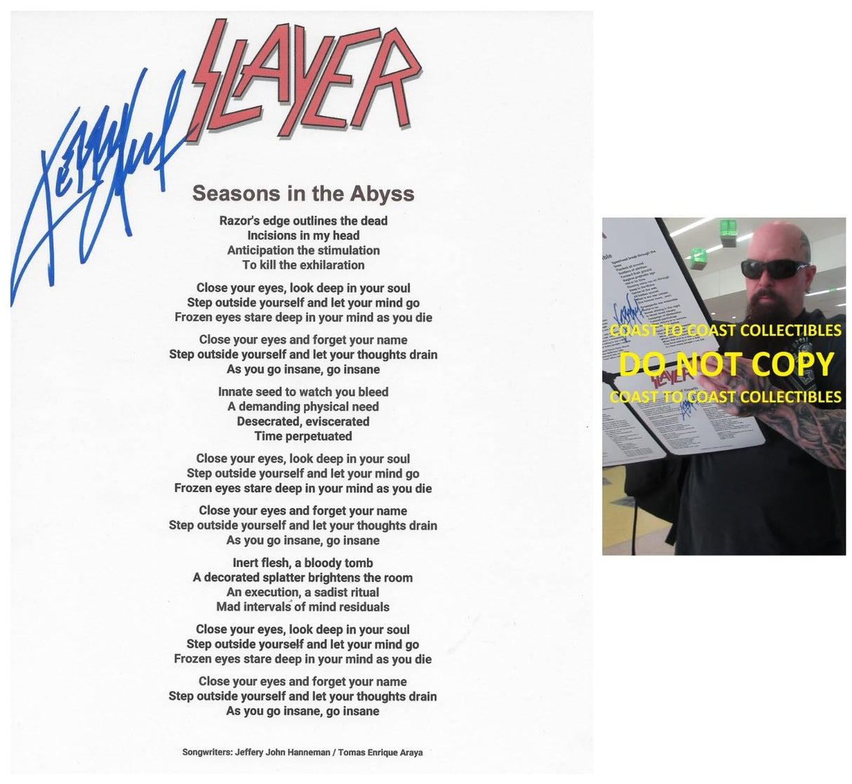 Kerry King Signed Slayer Seasons in The Abyss Lyrics Sheet COA Exact Proof Autographed