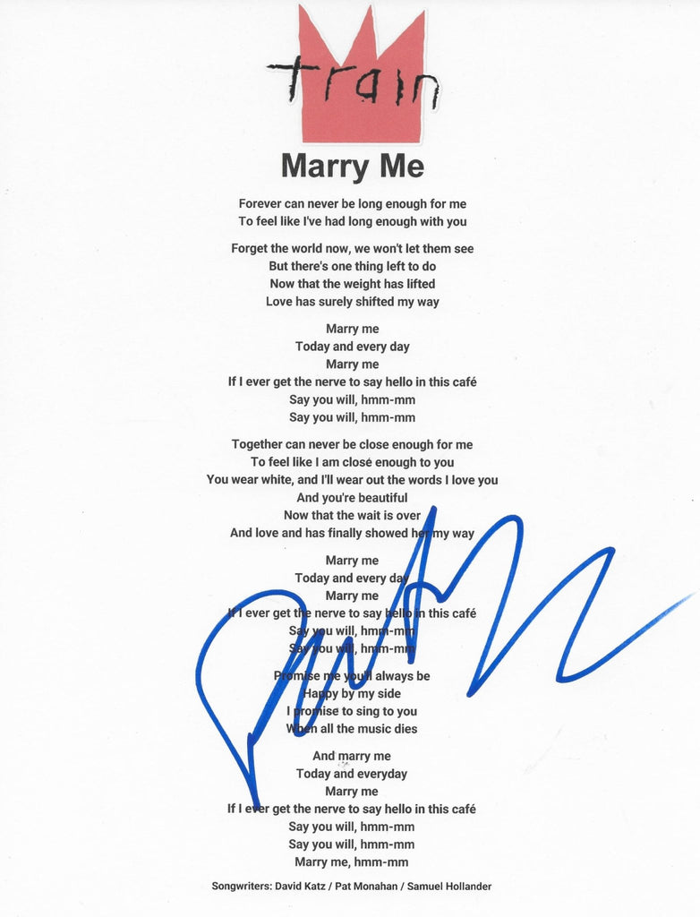 Pat Monahan Signed Train Merry Me Lyrics Sheet Exact Proof COA Autographed STAR