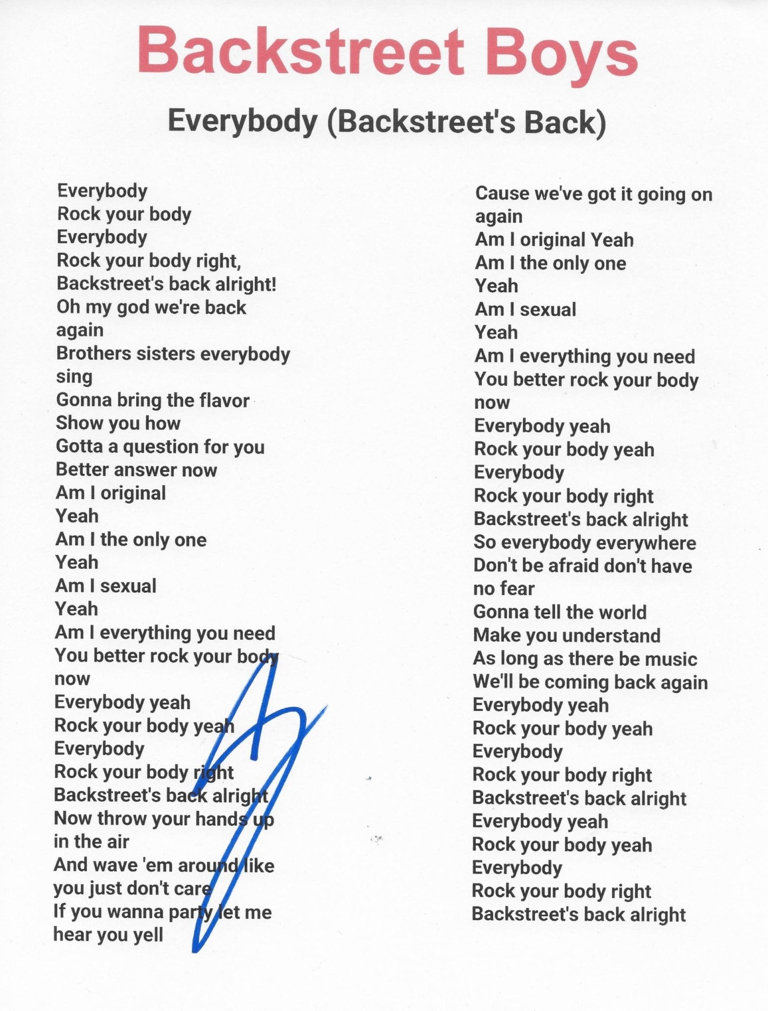 AJ McLean Signed Backstreet Boys Everybody Lyrics Sheet COA Proof Autographed