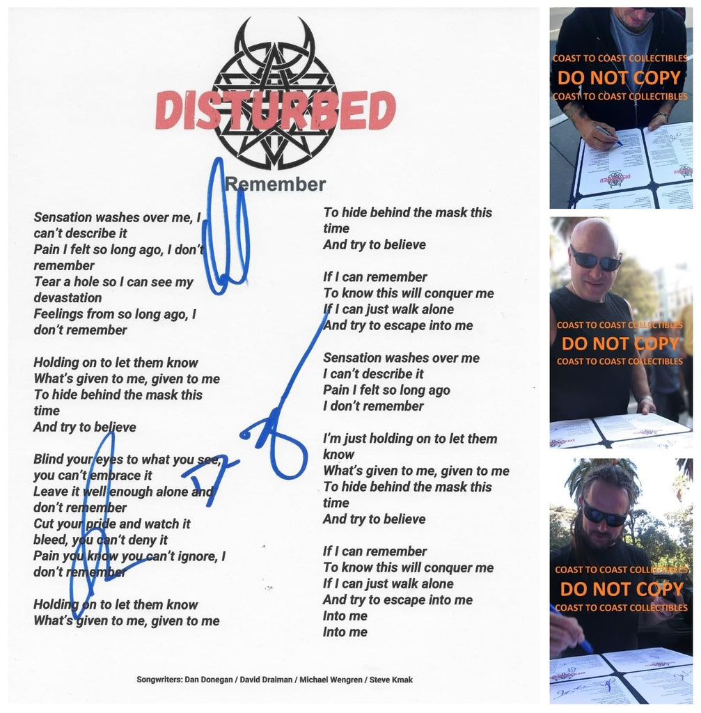 Disturbed Band Signed Remember Lyrics Sheet COA Proof Autographed