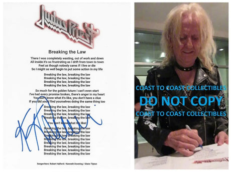 KK Downing Signed Judas Breaking the Law Lyrics Sheet COA Exact Proof Autographed Judas Priest