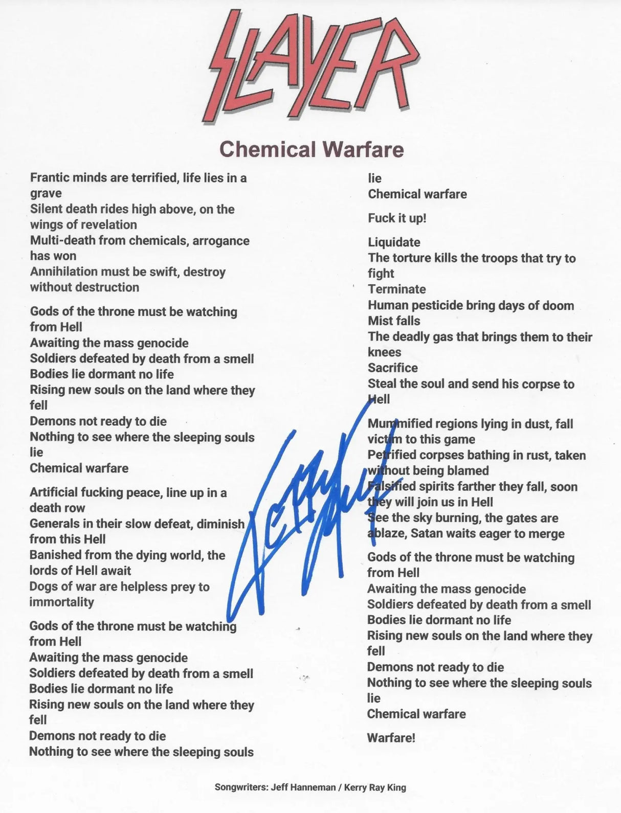 Kerry King Signed Slayer Chemical Warfare Lyrics Sheet COA Exact Proof Autographed