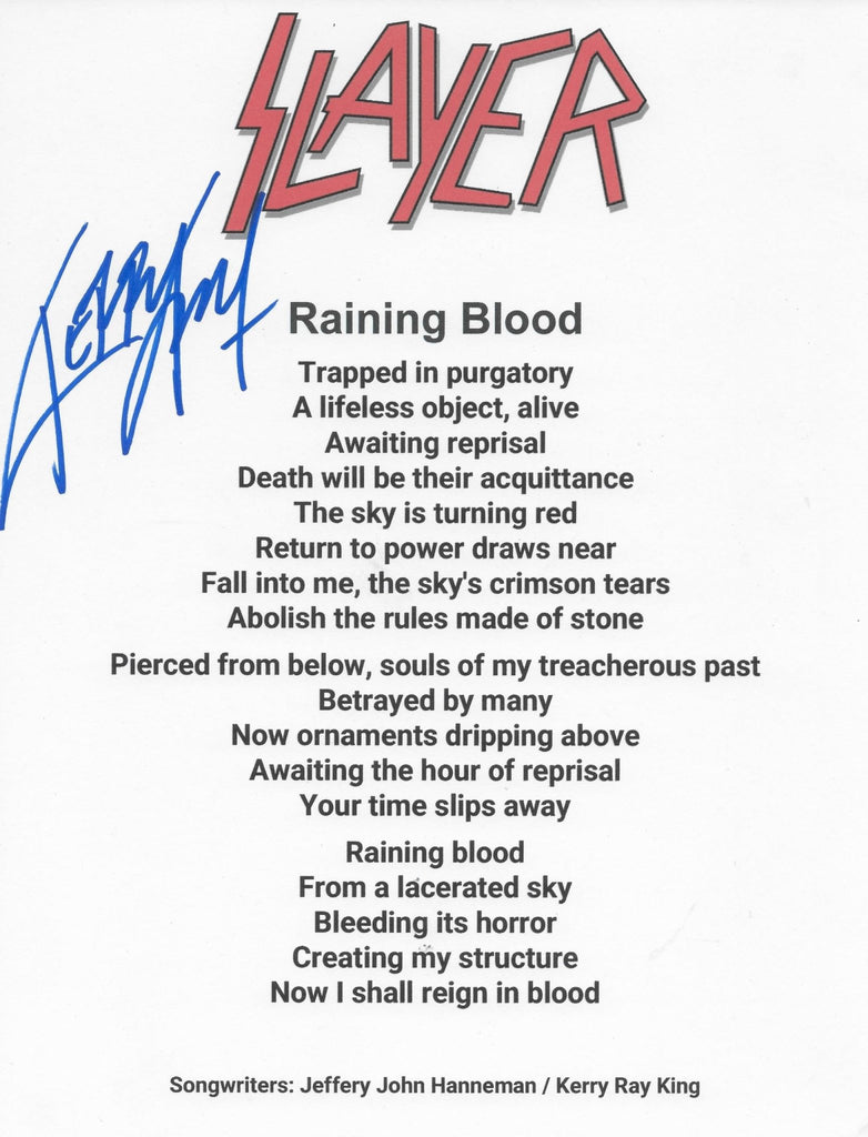 Kerry King Signed Slayer Raining Blood Lyrics Sheet COA Exact Proof Autographed