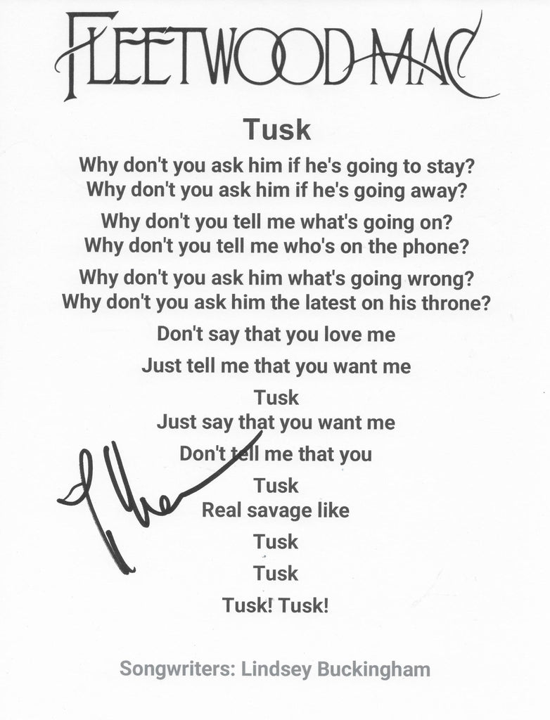 Lindsey Buckingham Signed Tusk Lyrics Sheet COA Proof Autographed Fleetwood Mac