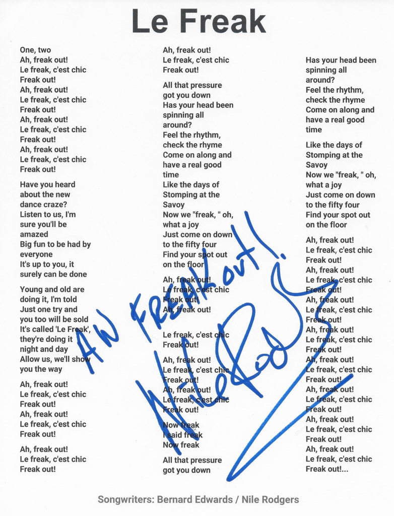 Nile Rodgers Signed Le Freak Lyrics Sheet COA Proof Autographed Aw Freakout! STAR