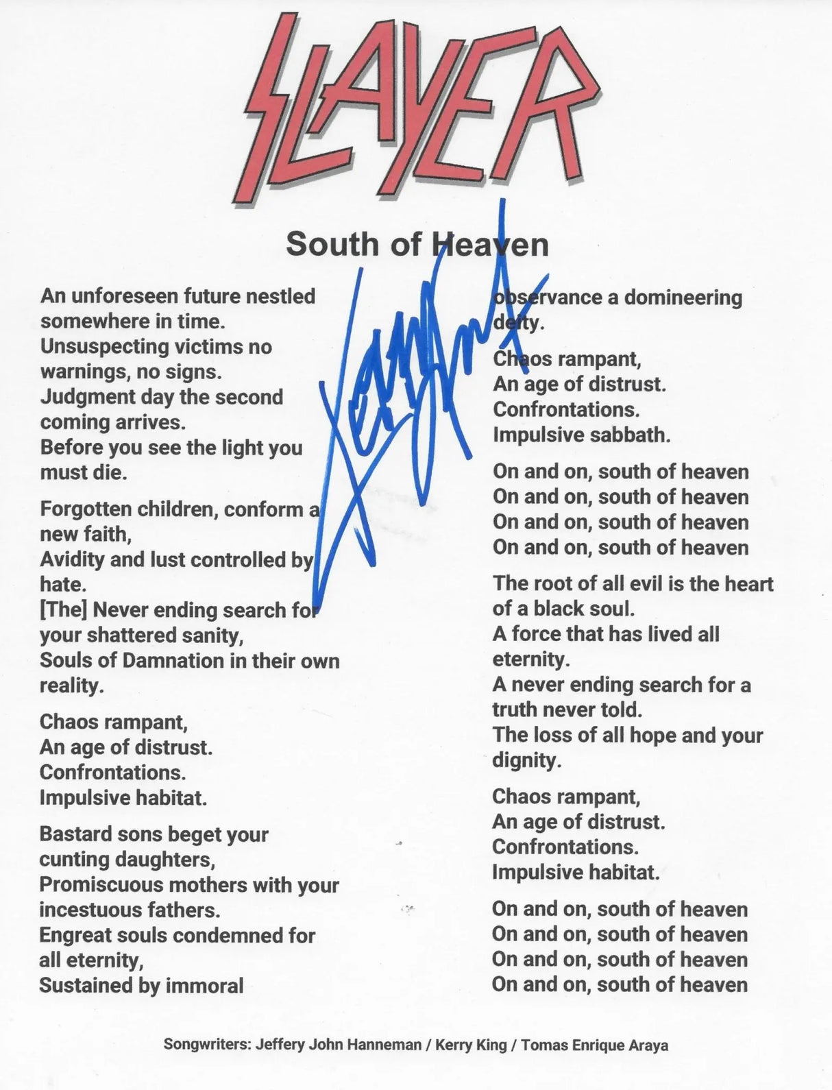 Kerry King Signed Slayer South of Heaven Lyrics Sheet COA Exact Proof Autographed