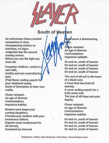 Kerry King Signed Slayer South of Heaven Lyrics Sheet COA Exact Proof Autographed