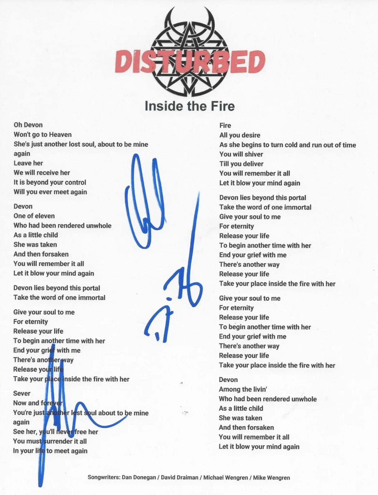 Disturbed Band Signed Inside the Fire Lyrics Sheet COA Proof Autographed