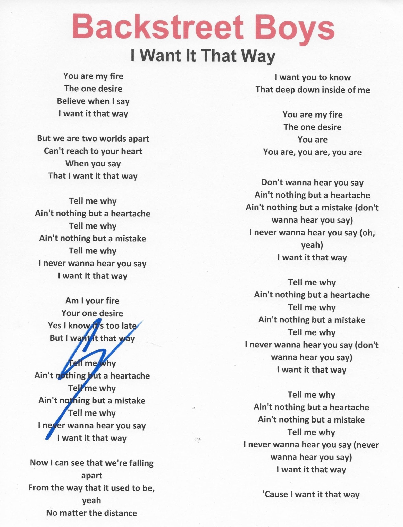 AJ McLean Signed Backstreet Boys Lyrics Sheet COA Exact Proof Autographed