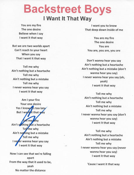 AJ McLean Signed Backstreet Boys Lyrics Sheet COA Exact Proof Autographed