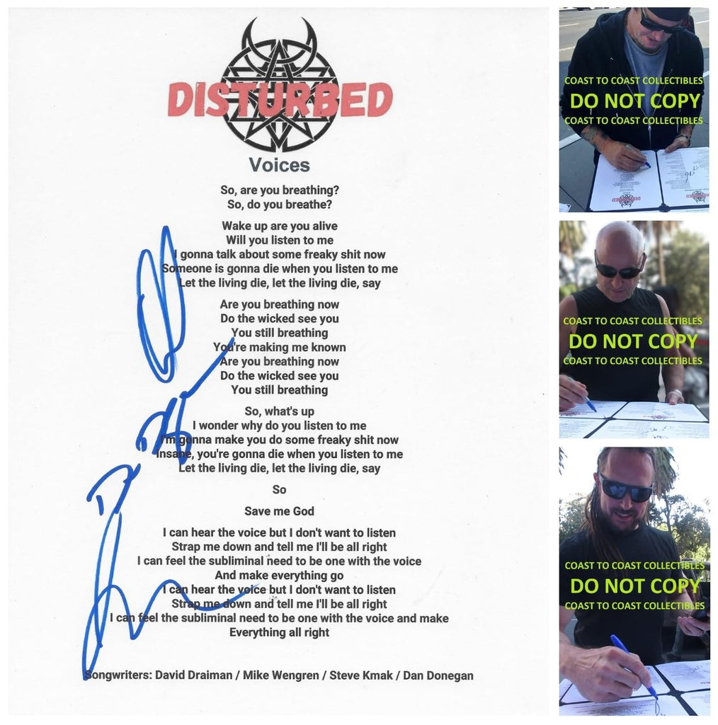 Disturbed Band Signed Voices Lyrics Sheet COA Proof Autographed