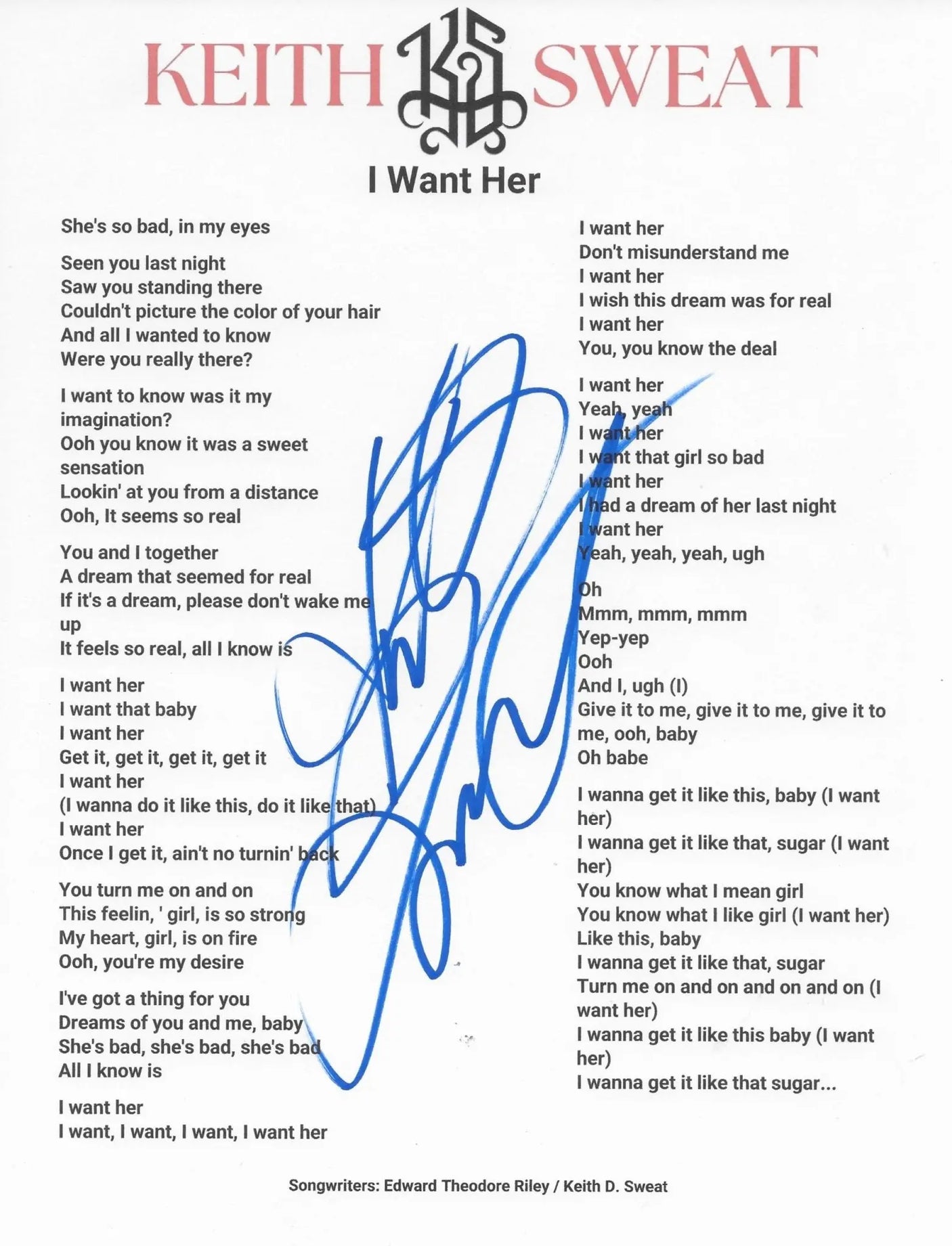 Keith Sweat Signed I Want Her Lyrics Sheet COA Exact Proof Autographed STAR