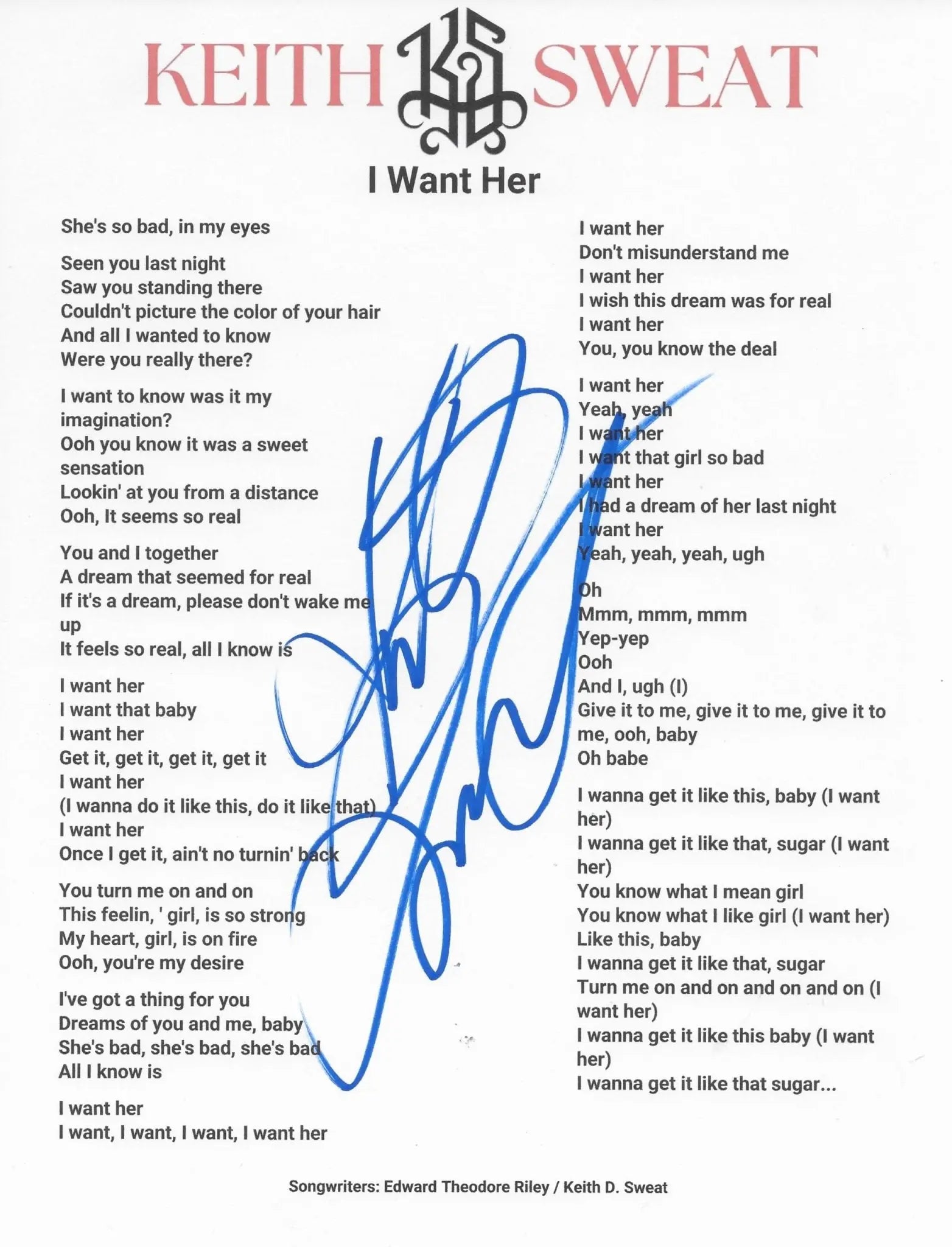 Keith Sweat Signed I Want Her Lyrics Sheet COA Exact Proof Autographed STAR