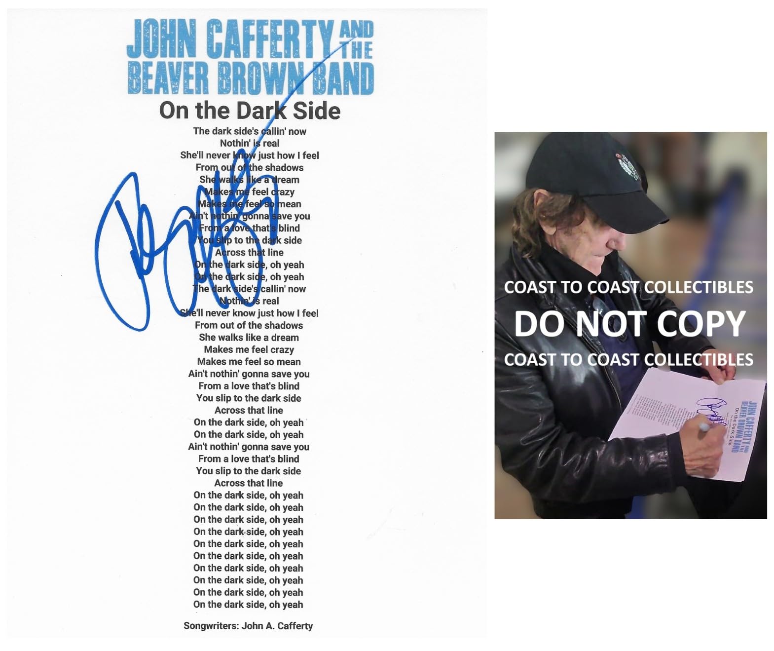 John Cafferty Signed On the Dark Side Lyrics Sheet COA Exact Proof Autographed