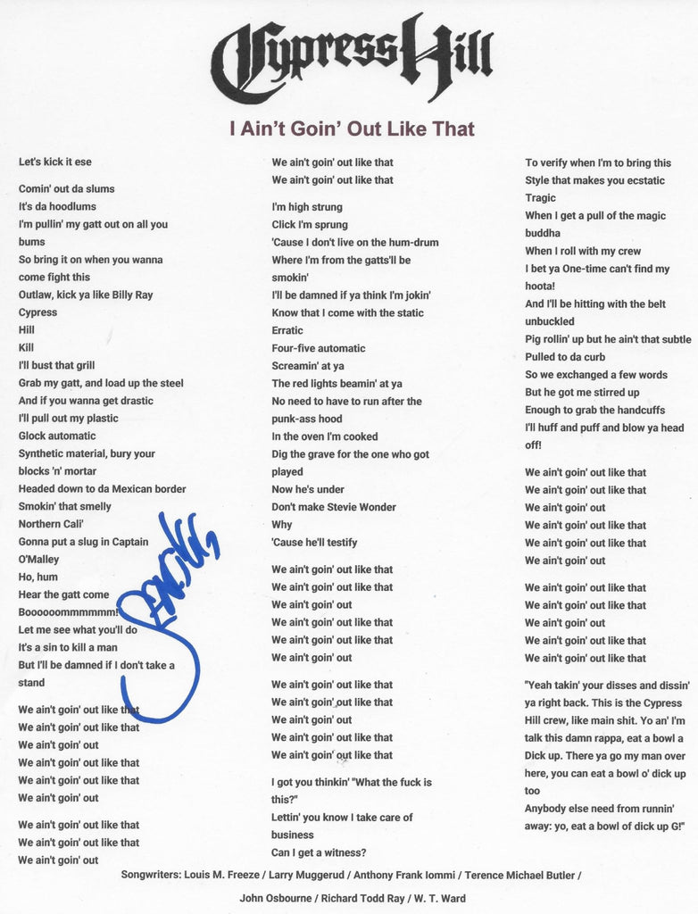 Sen Dog Signed Cypres Hill I Ain't Goin' Out Like That Lyrics Sheet COA Proof Autographed