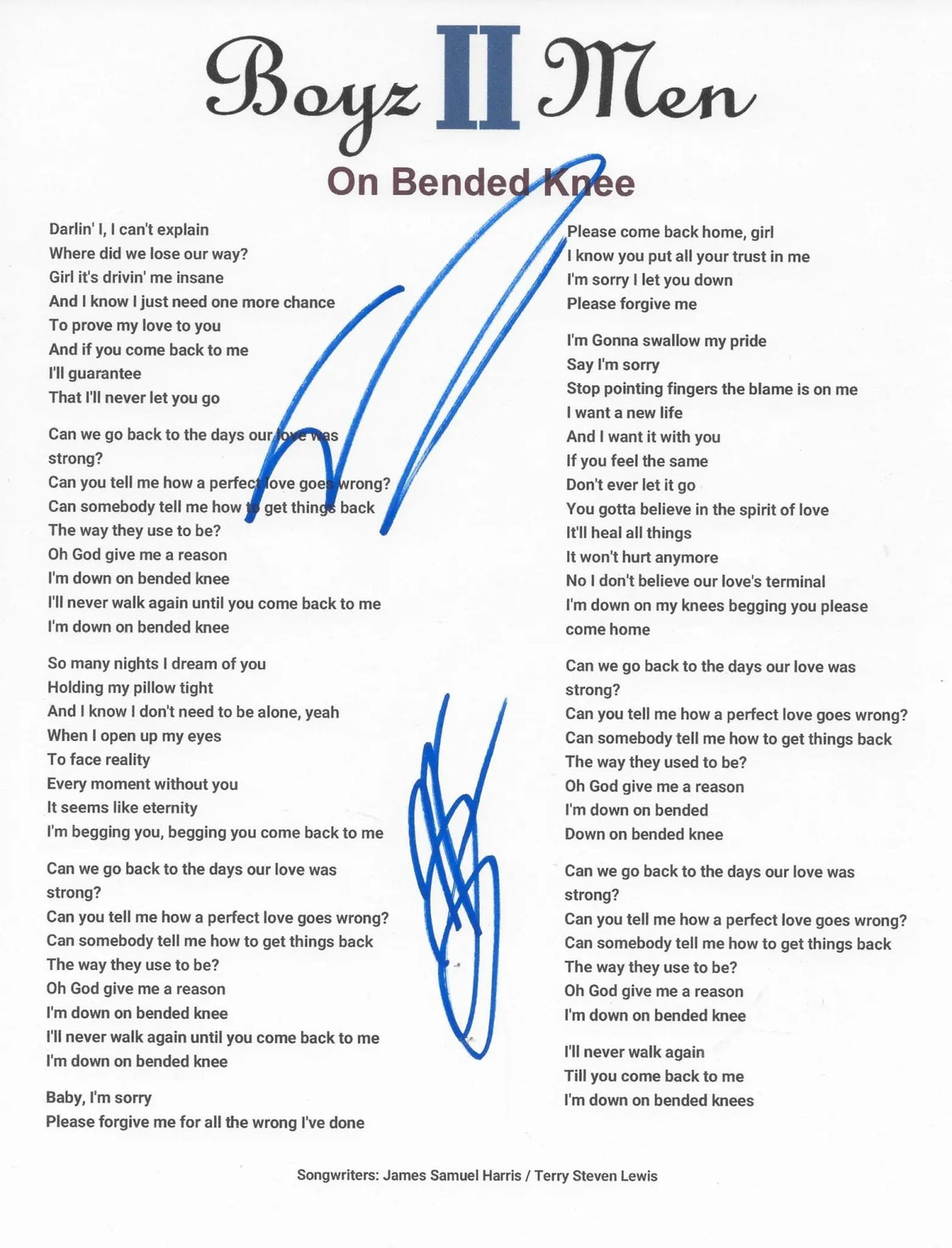 Boyz II Men Signed On Bended Knee Lyrics Sheet COA Exact Proof Autographed STAR