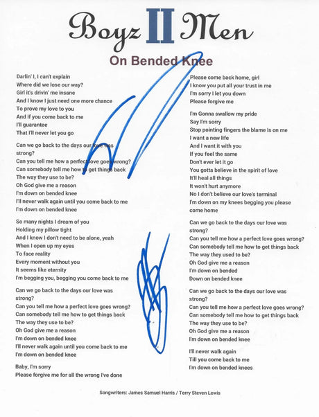 Boyz II Men Signed On Bended Knee Lyrics Sheet COA Exact Proof Autographed STAR