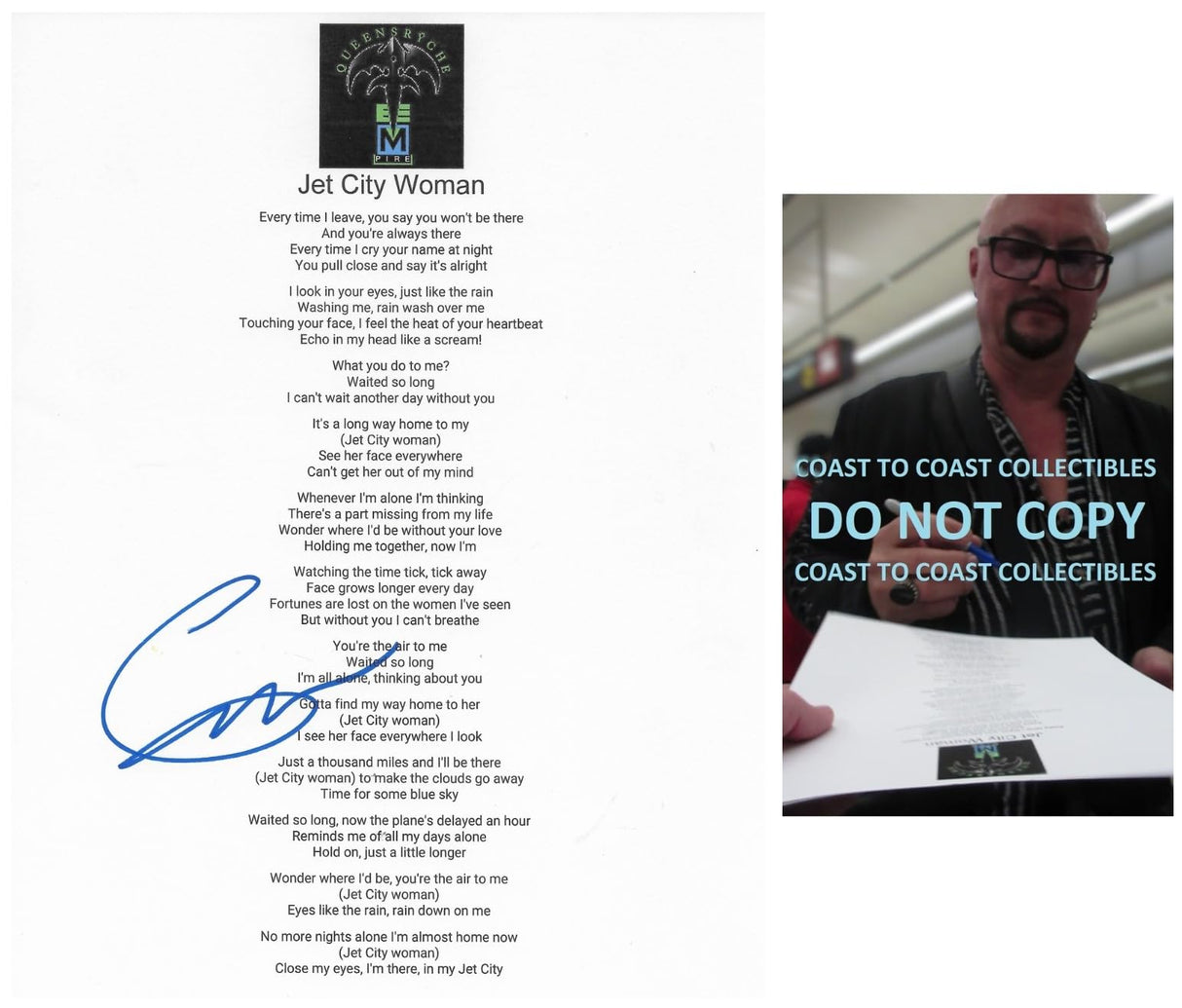 Geoff Tate Signed Queensryche Jet City Woman Lyrics Sheet Proof COA Autographed STAR