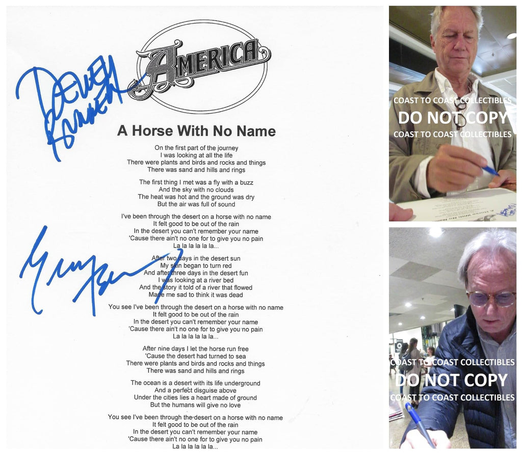 Dewey Bunnell Gerry Beckley signed America ''A Horse with No Name'' Lyrics sheet COA Proof STAR