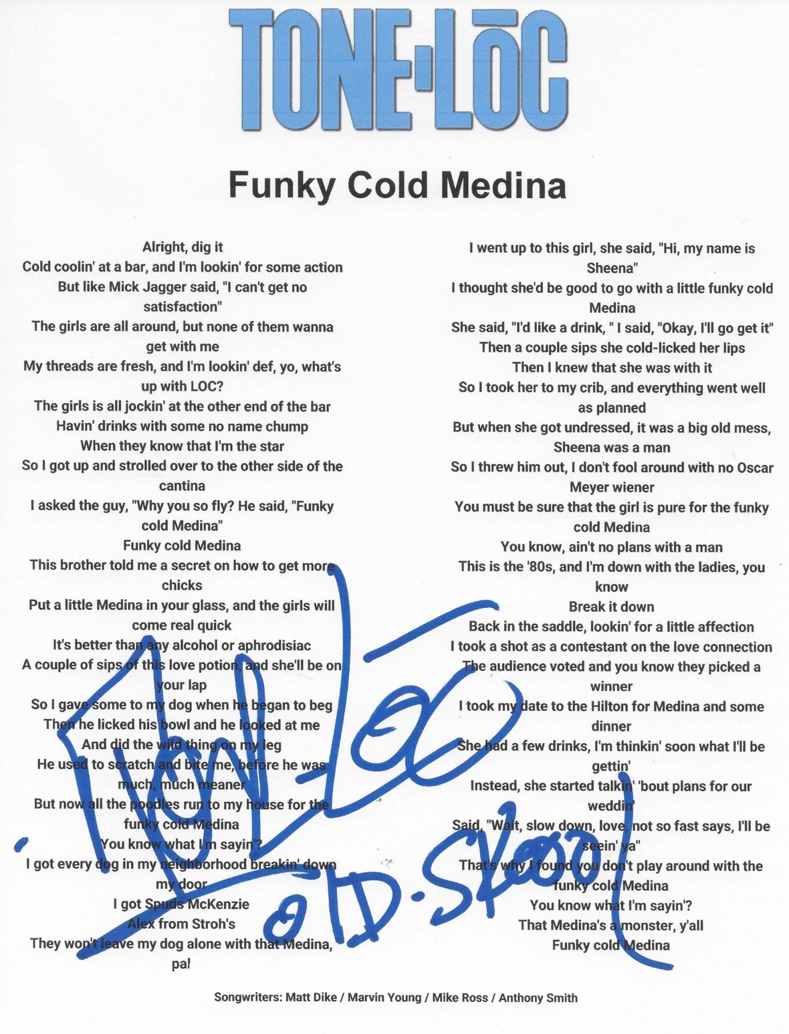Tone Loc Signed Funky Cold Medina Lyrics Sheet COA Exact Proof Autographed