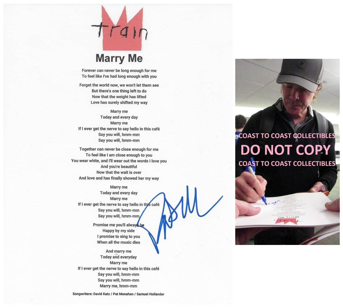 Pat Monahan Signed Train Marry Me Lyrics Sheet Exact Proof COA Autographed