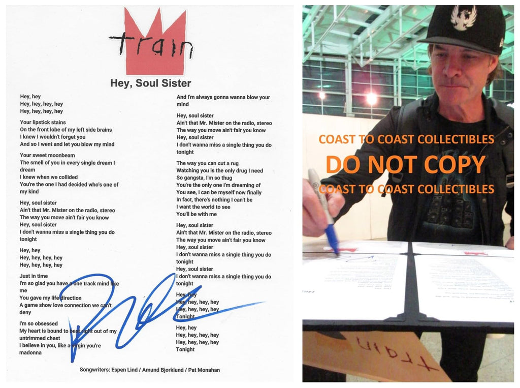 Pat Monahan Signed Train Hey Soul Sister Lyrics Sheet Exact Proof COA Autographed STAR