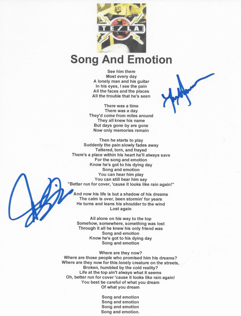 Jeff Keith & Frank Hannon Signed Tesla Song And Emotion Lyrics Sheet COA Proof Autographed