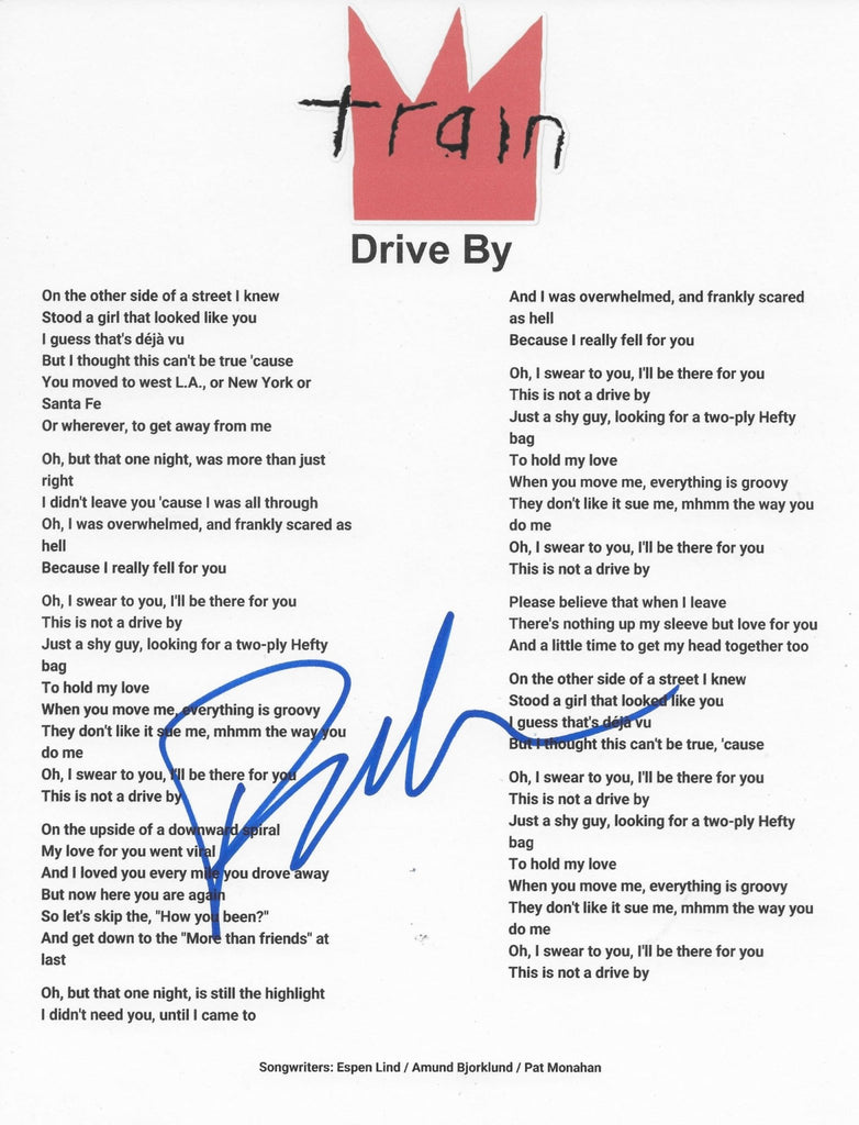 Pat Monahan Signed Train Drive By Lyrics Sheet Exact Proof COA Autographed STAR