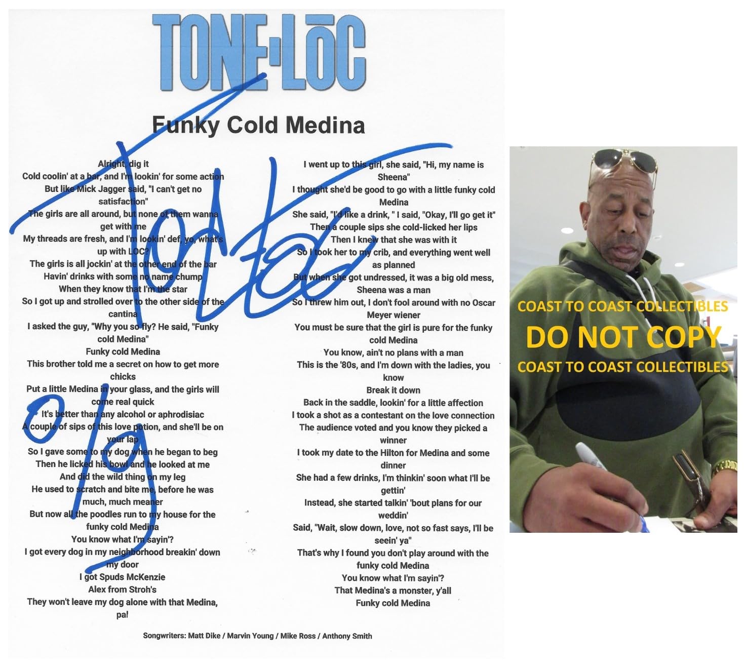 Tone Loc Signed Funky Cold Medina Lyrics Sheet COA Exact Proof Autographed