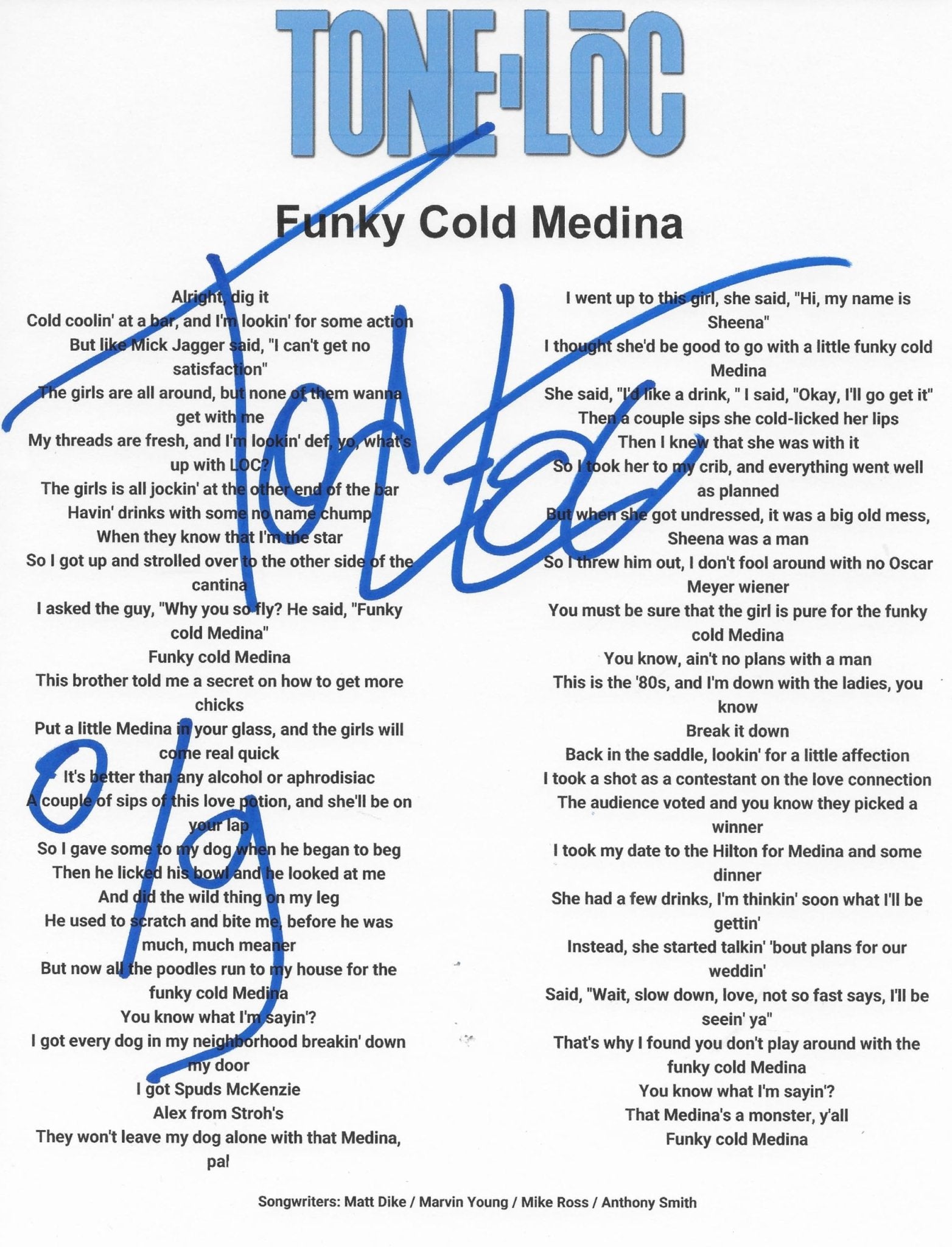 Tone Loc Signed Funky Cold Medina Lyrics Sheet COA Exact Proof Autographed