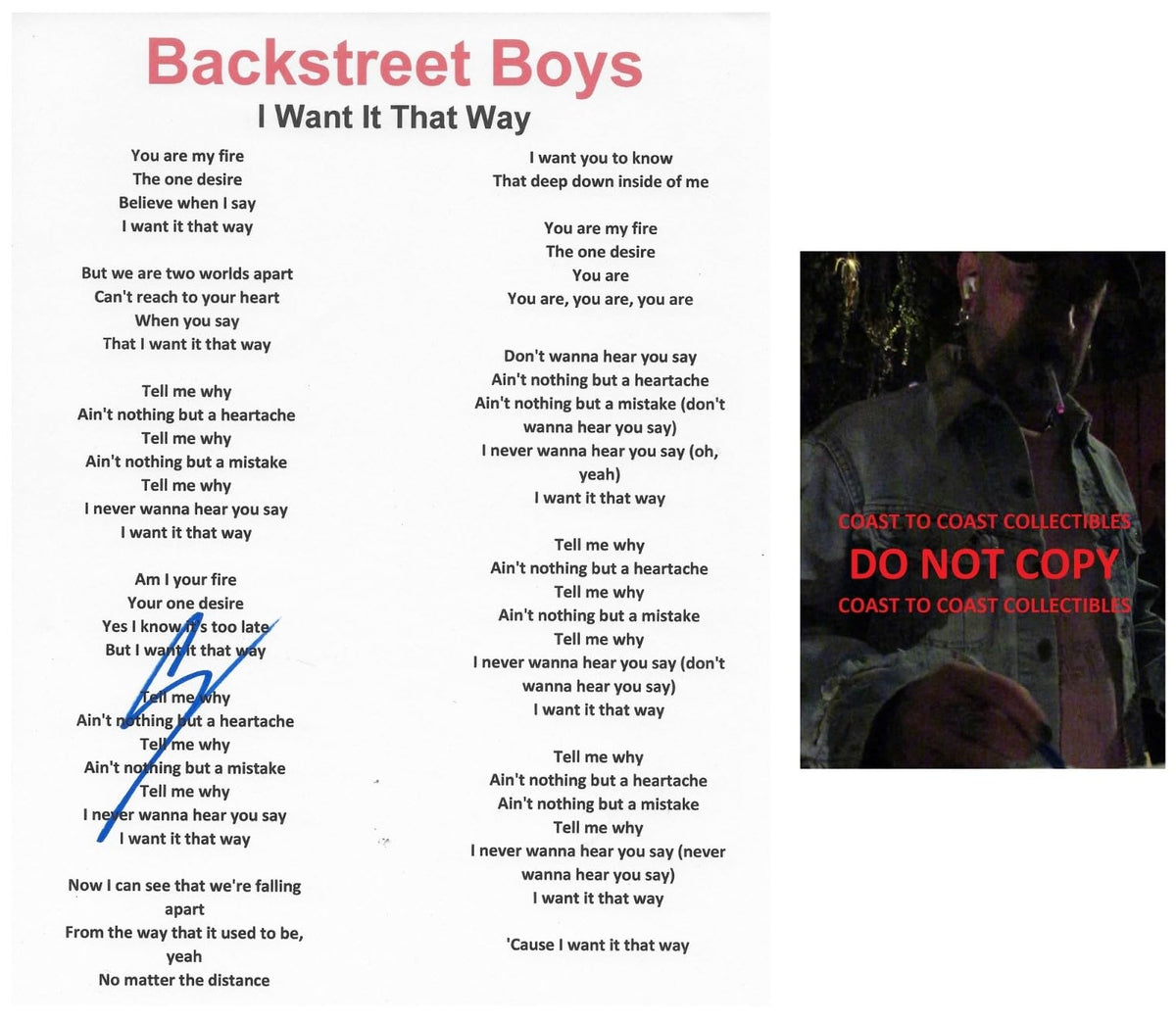 AJ McLean Signed Backstreet Boys Lyrics Sheet COA Exact Proof Autographed