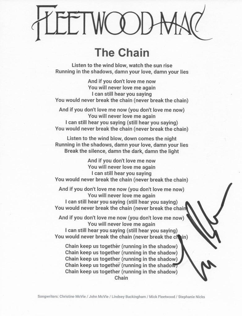 Lindsey Buckingham Signed The Chain Lyrics Sheet COA Proof Autographed Fleetwood Mac