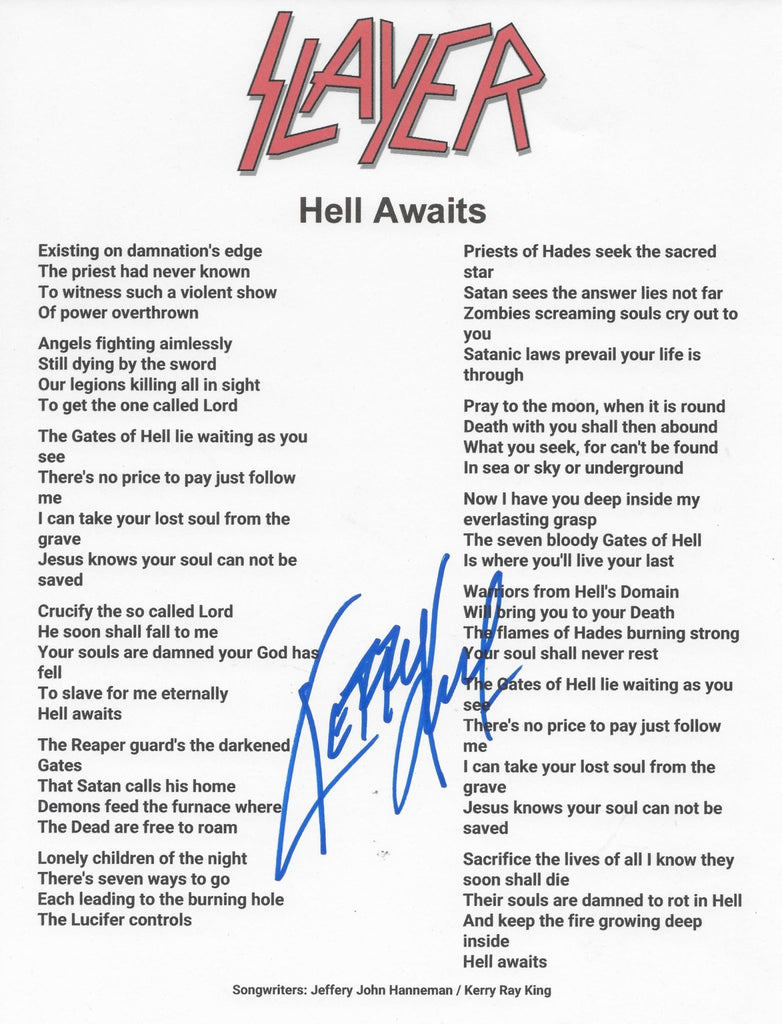 Kerry King Signed Slayer Hell Awaits Lyrics Sheet COA Exact Proof Autographed