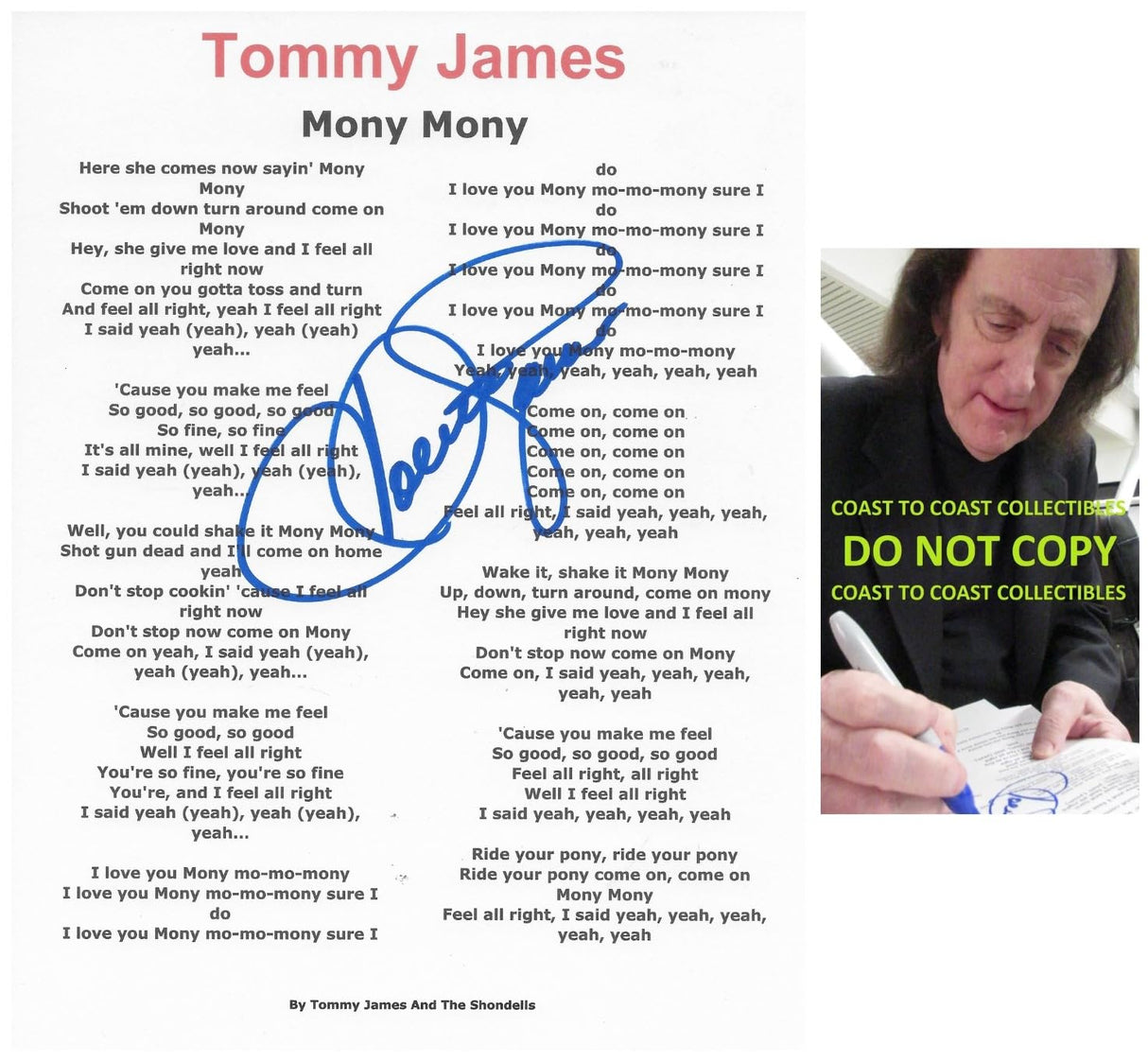 Tommy James Signed Mony Mony Lyrics Sheet COA Exact Proof Autographed