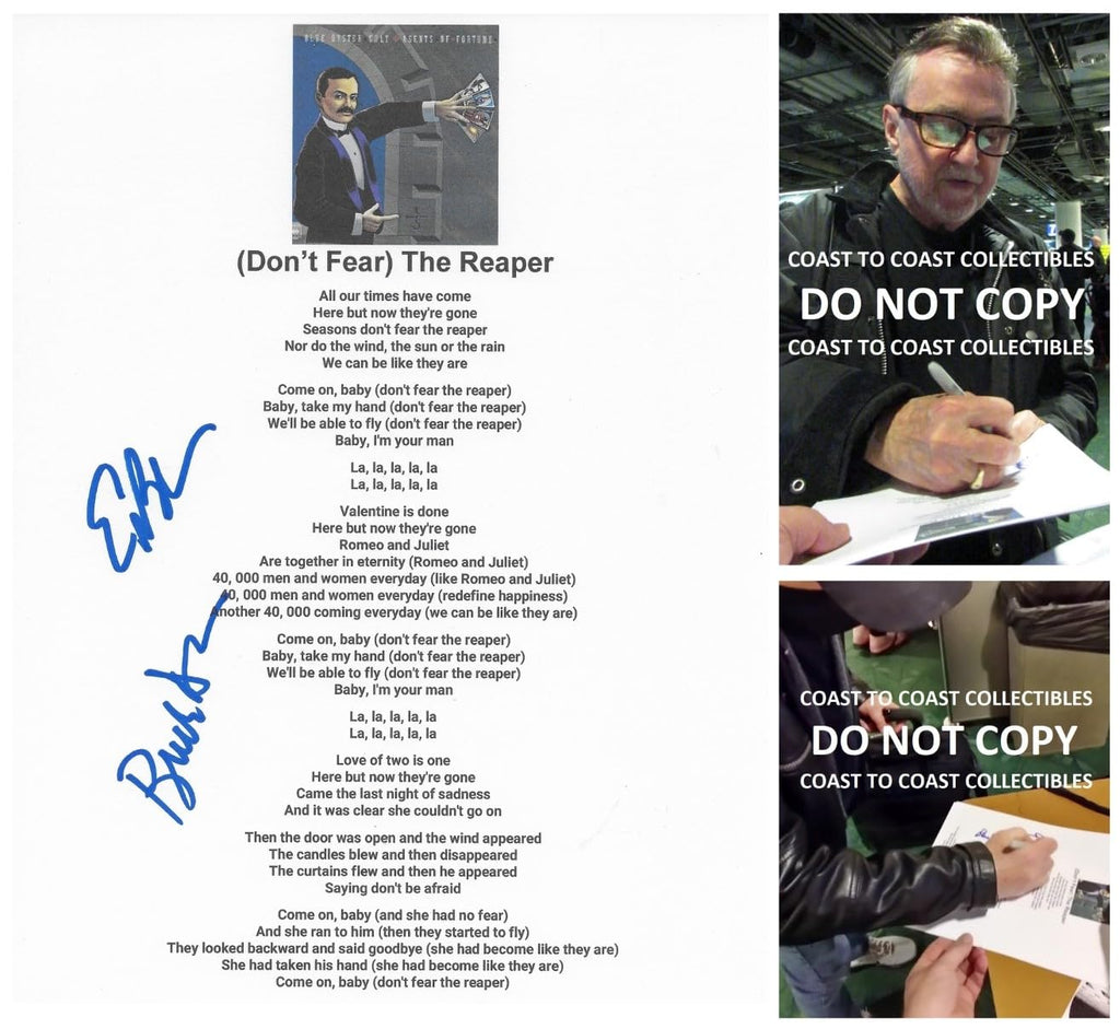 Dharma,Bloom signed Blue Oyster Cult Dont Fear The Reaper Lyrics sheet COA Proof STAR