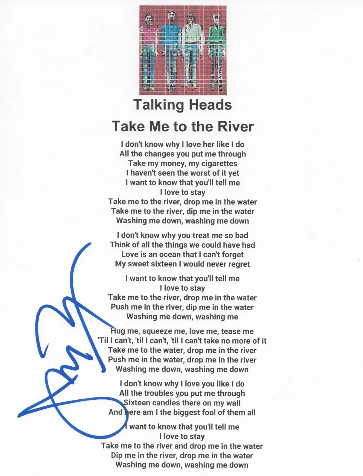 Jerry Harrison Signed Talking Heads Take Me To The River Lyrics Sheet Proof
